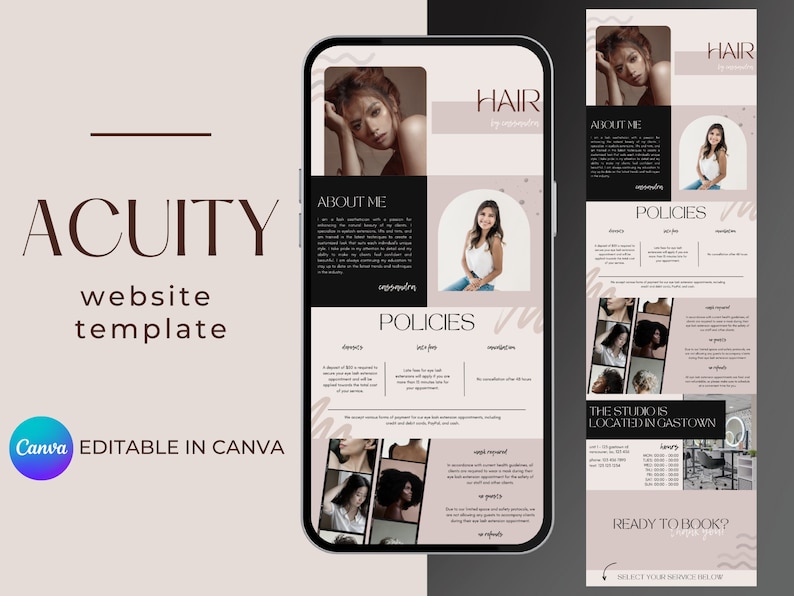 May include: A website template for a hair salon business using the Acuity scheduling platform. The template features a light brown background with a black and white photo of a woman with long hair. The text "HAIR" is displayed in a large font at the top of the page. The template also includes sections for "About Me", "Policies", and "The Studio is Located in Gastown".