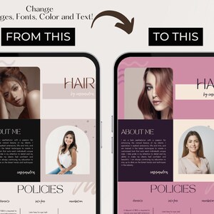 May include: A pink and white mobile phone screen displaying a mock-up of a hair salon website. The website features a photo of a woman with long brown hair, the text "HAIR by cassandra", and sections titled "About Me" and "Policies".