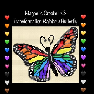 以下が含まれることがあります： ハート型の頭を持つ虹色の蝶のクロシェパターン。パターンは、赤、オレンジ、黄色、緑、青、藍色、紫など、さまざまな色の正方形で構成されています。蝶は白い縁取りで囲まれています。