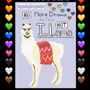 Puede incluir: Una llama blanca con una silla de montar con estampado rojo, amarillo y azul. La llama lleva gafas y el texto "No More Drama Llama" está escrito encima de ella. El texto "Puhhuh lease" está escrito encima de la llama. El texto "No More Drama" está escrito debajo de la llama. El texto "For This" está escrito debajo de la llama. El texto "HOT!" está escrito encima de la cabeza de la llama. El texto "Llama" está escrito debajo de la cabeza de la llama. La imagen está rodeada por un borde de corazones de varios colores.