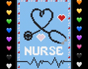 Peut inclure: Un modèle de crochet pour un cœur magnétique avec le mot "NURSE" et un graphique de battement de cœur. Le cœur est bleu avec un cœur rouge au centre. Le motif est entouré d'une bordure de petits cœurs roses.