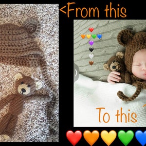 May include: A brown crocheted bear hat and scarf set with a matching brown crocheted bear toy. The hat has bear ears and the scarf has fringe. The set is laid out on a brown carpet.