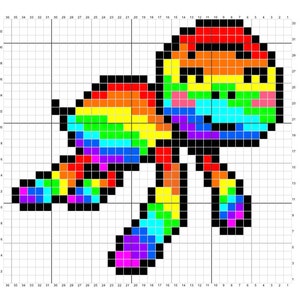 May include: A pixel art design of a rainbow-colored creature with a long tail and two arms. The creature is made up of squares in different colors of the rainbow, including red, orange, yellow, green, blue, indigo, and violet.