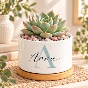 Peut inclure: Un pot de fleurs cylindrique en céramique blanche portant le prénom Annie en écriture cursive noire superposé à une grande lettre A bleu pâle. Le pot repose sur une base en bois circulaire et contient une plante succulente entourée de petits cailloux.