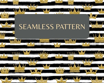 Gold Glitter Crown Seamless Pattern PNG, Black Stripe Digital Paper (Seamless File)