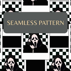 May include: Seamless pattern featuring a repeating design of the Ghostface mask from the Scream horror film series. The mask is black and white, set against a black and white checkered background. The words "SEAMLESS PATTERN" are displayed.