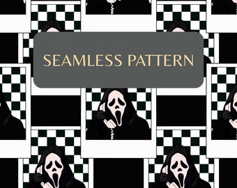 Retro Horror Slasher Mask Seamless Pattern, 90s Ghost Polaroid Digital Paper (PNG)