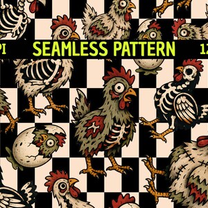 Zombie Chicken Seamless Pattern, Gothic Skeleton Hen, Creepy Farmhouse Checkered (Digital Download)