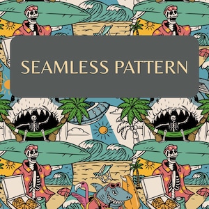 May include: A seamless pattern featuring skeletons in pink shirts and sunglasses, sharks with surfboards, palm trees, suns, and pizza boxes. The repeating graphic design includes beach scenes with waves and lounge chairs in a vibrant color palette.