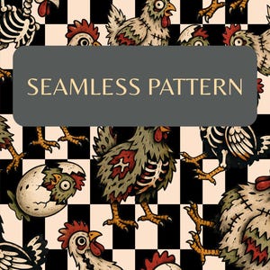 Peut inclure: Un motif répétitif composé de poulets zombies et de squelettes illustrés sur un fond à damier noir et blanc. Le design présente diverses figures de volailles mortes-vivantes, certaines éclosant d'œufs, avec des points de suture visibles.