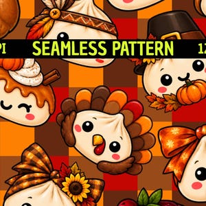 May include: A seamless pattern featuring cartoon characters with smiling faces on a checkered orange and brown background. The design includes dumplings dressed as turkeys, pilgrims, and autumn themes with pumpkins, bows, and leaves. Text reads 300DPI SEAMLESS PATTERN 12"x12".