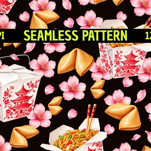 Può includere: Un motivo continuo con scatole da asporto bianche decorate con pagode e fiori di ciliegio rossi, biscotti della fortuna dorati e fiori di ciliegio rosa su sfondo nero. Testo: 300DPI SEAMLESS PATTERN 30,48cm x 30,48cm.