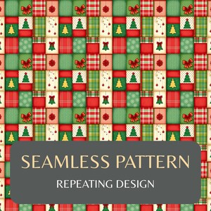 K&ouml;nnte beinhalten: Ein sich wiederholendes Weihnachtsmuster mit roten, gr&uuml;nen und cremefarbenen Quadraten. Jedes Quadrat enth&auml;lt festliche Elemente wie Weihnachtsb&auml;ume, Schleifen und Karomuster. Der Text "SEAMLESS PATTERN REPEATING DESIGN" wird angezeigt.