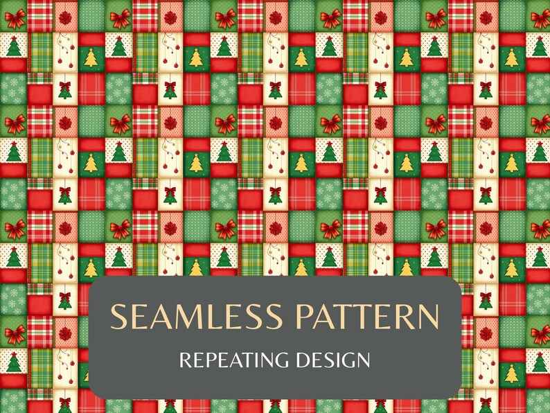 K&ouml;nnte beinhalten: Ein sich wiederholendes Weihnachtsmuster mit roten, gr&uuml;nen und cremefarbenen Quadraten. Jedes Quadrat enth&auml;lt festliche Elemente wie Weihnachtsb&auml;ume, Schleifen und Karomuster. Der Text "SEAMLESS PATTERN REPEATING DESIGN" wird angezeigt.