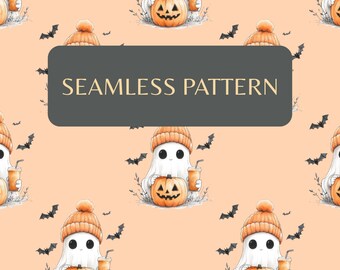 Cozy Halloween Ghost Pattern, Pumpkin Spice Latte, Seamless PNG (Digital Download)