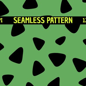 May include: A seamless pattern featuring black triangular shapes scattered across a solid light green background. A horizontal black banner across the center displays the yellow text 300DPI, SEAMLESS PATTERN, and 12"x12".