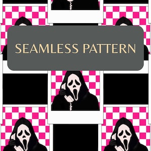 May include: A seamless pattern featuring repeating polaroid-style frames. Each frame contains a figure wearing a black hooded robe and a white ghost mask, holding a telephone receiver. The background of each frame is a bright pink and white checkerboard.