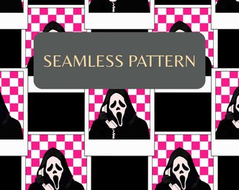 Retro Horror Slasher Mask Hot Pink Seamless Pattern, 90s Ghost Polaroid Digital Paper (PNG)
