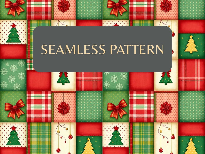 K&ouml;nnte beinhalten: Ein festliches nahtloses Muster mit einem Patchwork-Design mit Weihnachtselementen. Das Muster enth&auml;lt rote Schleifen, Weihnachtsb&auml;ume, Schneeflocken sowie karierte und gepunktete Quadrate in Rot und Gr&uuml;n. Der Text "SEAMLESS PATTERN" wird angezeigt.