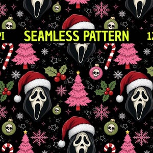 May include: A seamless pattern on a black background featuring ghost masks wearing red and white Santa hats, pink Christmas trees, candy canes, skull ornaments, holly berries, and white snowflakes. The text 300DPI SEAMLESS PATTERN 12"x12" is visible.