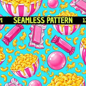 May include: A seamless pattern on a bright blue background featuring illustrations of bowls filled with macaroni and cheese, pink bubblegum spheres, and rectangular pink candies in wrappers. The text 300DPI SEAMLESS PATTERN 12"x12" is centered.
