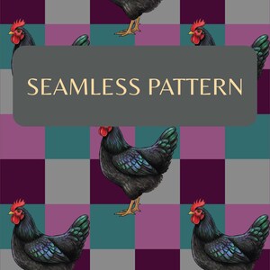 May include: Seamless pattern featuring black chickens with red combs and green tail feathers, set against a checkered background of purple, teal, and gray squares. The text "SEAMLESS PATTERN" is displayed in a gray rectangle.