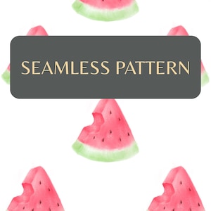 May include: A seamless pattern featuring watercolor illustrations of watermelon slices. The slices are pink with green rinds and black seeds, some with bites taken out. The text "SEAMLESS PATTERN" is displayed on a dark gray rectangle.