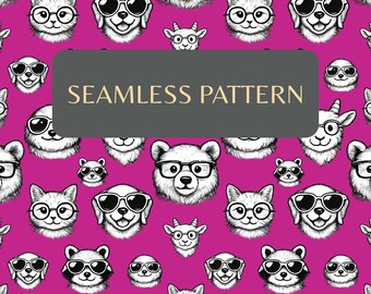 Seamless Animal Faces Pattern, Kids Glasses Design (Digital Download)