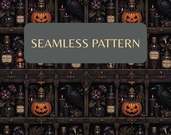 Gothic Apotheker Halloween Muster, Dark Academia Poison Garden Digitales Papier, Witchy Raven Jack O Lantern, Whimsigoth Stoff