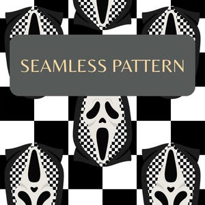 May include: A seamless pattern featuring repeating white ghost-like masks with black eye and mouth cutouts, set against a black and white checkered background. A gray rectangular overlay in the center displays the text SEAMLESS PATTERN.