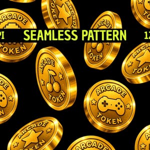 Arcade Token Seamless Pattern PNG, Retro Gaming Coin Repeating File, Vintage Gamer Svg Fabric Design, Coin Op Arcade POD Paper