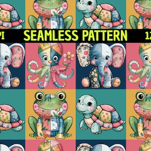 Könnte beinhalten: Ein nahtloses Muster mit Zeichentricktieren wie Schildkröten, Elefanten, Kraken und Fröschen mit Patchwork-artigen Blumen- und Geometriemustern in Rosa, Blau und Gelb. Der Text 300DPI SEAMLESS PATTERN 12"x12" ist auf dem Bild zu sehen.