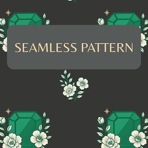 May include: Seamless pattern design featuring emerald-green gemstones, white flowers, and gold star accents on a dark gray background. The text "SEAMLESS PATTERN" is displayed on a gray rectangular banner. This design is suitable for various applications.
