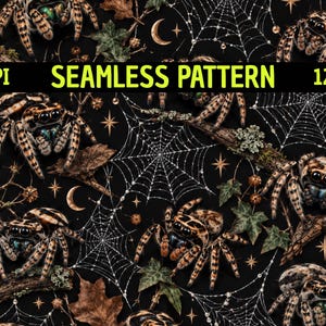 May include: A seamless pattern featuring jumping spiders, intricate white spiderwebs, brown autumn leaves, tree branches, and golden crescent moons on a black background. The image includes the text 300DPI SEAMLESS PATTERN 12"x12".