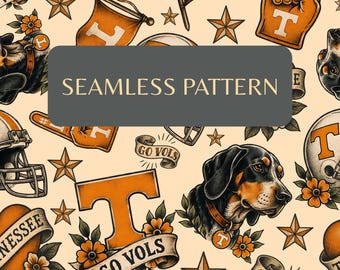 Tennessee Game Day Seamless Pattern, Retro Tattoo Football, Go Vols Fabric Design (Digital Download)
