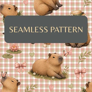 Nahtloses Capybara-Gingham-Muster, Cottagecore-Schleifen-Stoffdesign (Digitaler Download)