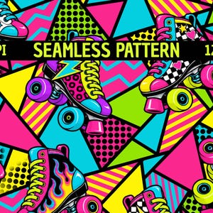 May include: A seamless pattern featuring roller skates in bright colors like pink, yellow, and blue, set against a background of geometric shapes, polka dots, and stripes. The image includes the text 300DPI SEAMLESS PATTERN 12"x12".