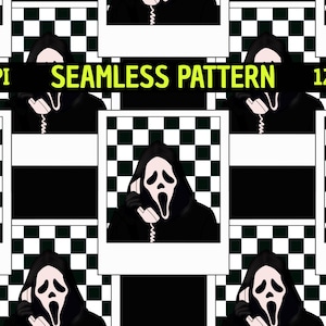 Retro Horror Slasher Mask Seamless Pattern, 90s Ghost Polaroid Digital Paper (PNG)