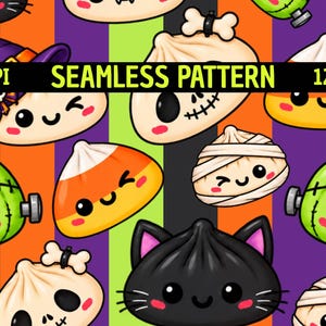 May include: A seamless pattern featuring cartoon dumplings dressed as Halloween characters, including a witch, mummy, skull, and black cat, set against vertical black, orange, and lime green stripes. Text reads 300DPI SEAMLESS PATTERN 12"x12".