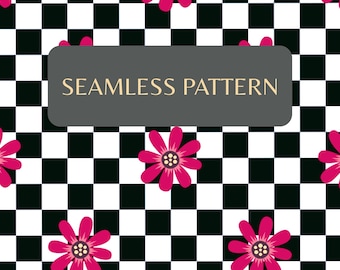 Retro Schachbrett Floral nahtlose Muster PNG, Groovy rosa Blume digitales Papier (Seamless File)