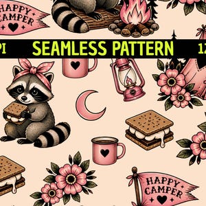 Vintage Tattoo Raccoon Smores Camping Pattern, Happy Camper Fabric Design (PNG)