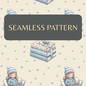 Puede incluir: Patrón sin costuras con ilustraciones de libros azules, una niña leyendo y estrellas sobre un fondo beige. Los libros están titulados "Story Time" y "Winter Tales". El texto "SEAMLESS PATTERN" se muestra en un rectángulo gris oscuro.