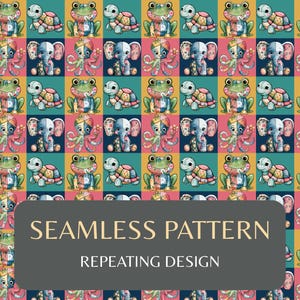 May include: Seamless pattern design featuring colorful cartoon animals including frogs, turtles, octopuses, and elephants. The repeating pattern is set against a backdrop of squares in teal, pink, yellow, and navy blue. The text "SEAMLESS PATTERN REPEATING DESIGN" is displayed.
