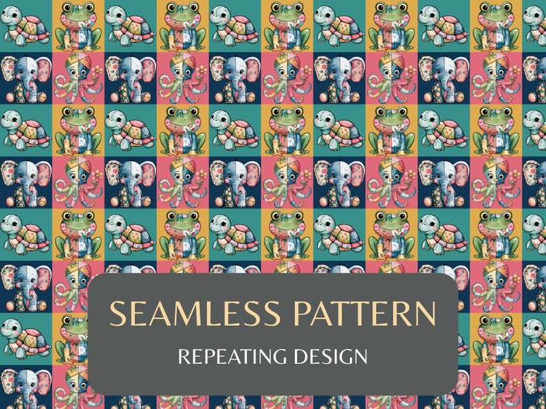 May include: Seamless pattern design featuring colorful cartoon animals including frogs, turtles, octopuses, and elephants. The repeating pattern is set against a backdrop of squares in teal, pink, yellow, and navy blue. The text "SEAMLESS PATTERN REPEATING DESIGN" is displayed.