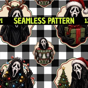 Könnte beinhalten: Ein nahtloses Muster mit der Ghostface-Figur in verschiedenen weihnachtlichen Szenen vor einem schwarz-weißen Karomuster. Der Text lautet 300DPI SEAMLESS PATTERN 30,48cm x 30,48cm. Die Figur trägt Weihnachtsmützen, Rentiergeweihe und festliche Pullover.