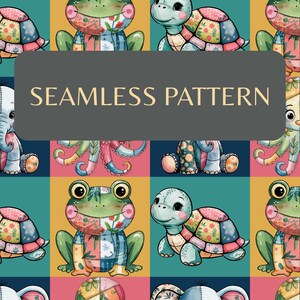 May include: A vibrant seamless pattern with patchwork animal illustrations, including an elephant, turtle, frog, and octopus. The text "SEAMLESS PATTERN" is on a grey rectangle. The background is a grid of different colours.