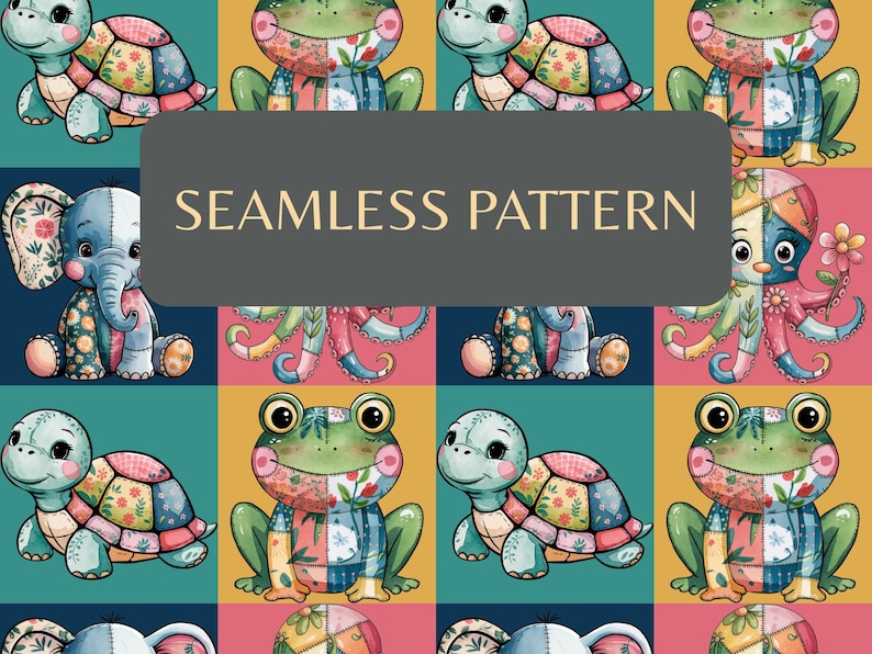 May include: A colorful seamless pattern featuring patchwork-style illustrations of an elephant, turtle, frog, and octopus. The text "SEAMLESS PATTERN" is displayed on a gray rectangle. The background is a grid of various colors.
