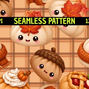 May include: A seamless pattern featuring cute, anthropomorphic autumn-themed characters including acorns, pumpkins, and dumplings on a tan plaid background. The text 300DPI SEAMLESS PATTERN 12"x12" is overlaid across the center of the image.