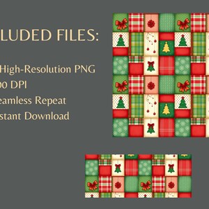 K&ouml;nnte beinhalten: Ein festliches digitales Design zum Thema Weihnachten mit einem Patchwork-Muster. Das Design enth&auml;lt rote, gr&uuml;ne und cremefarbene Quadrate mit Weihnachtsb&auml;umen, Schleifen und Ornamenten. Der Text "INCLUDED FILES" und weitere Details sind ebenfalls sichtbar.