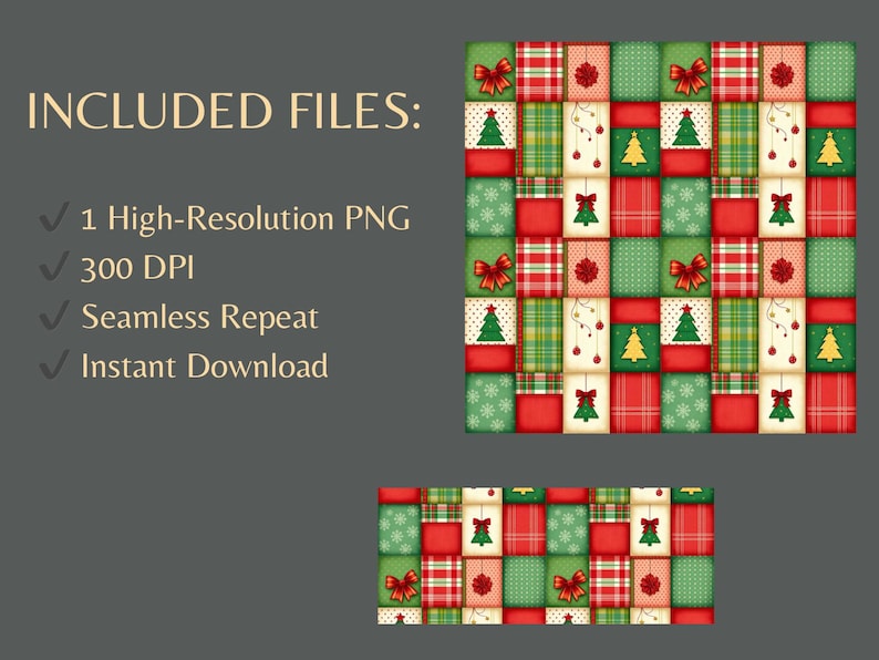 K&ouml;nnte beinhalten: Ein festliches digitales Design zum Thema Weihnachten mit einem Patchwork-Muster. Das Design enth&auml;lt rote, gr&uuml;ne und cremefarbene Quadrate mit Weihnachtsb&auml;umen, Schleifen und Ornamenten. Der Text "INCLUDED FILES" und weitere Details sind ebenfalls sichtbar.